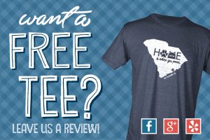 Promotional graphic featuring text "want a free tee? leave us a review!" with an image of a blue t-shirt and logos for Facebook, Google+, and Yelp on a dotted blue background, customized for our veterinarian office.