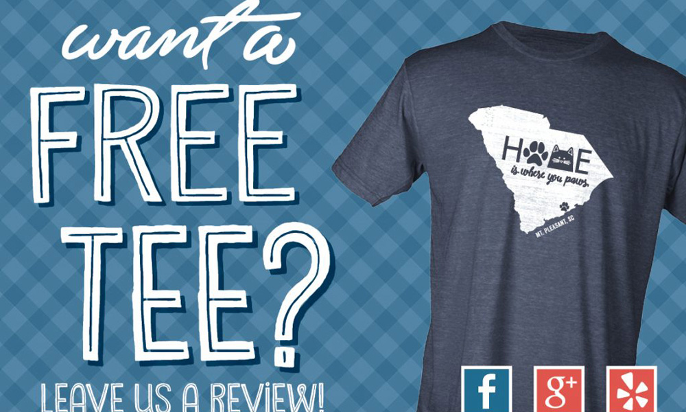 Promotional image featuring two t-shirts, one with a design shaped like a US state labeled "home," encouraging a review on social media platforms for a free vet-themed tee.