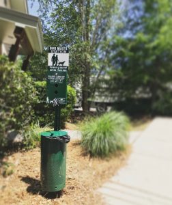 A dog waste station with a sign, dog waste bag dispenser sponsored by a local vet, and garbage can on the side of a sunny pathway surrounded by lush greenery.