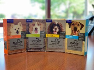 Four boxes of veterinarian-recommended sentinel spectrum dog medication, displayed in a row on a wooden table, each featuring a different dog breed on the cover.