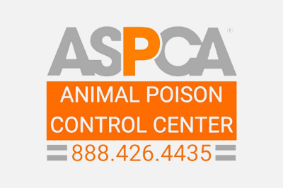 Logo of the ASPCA Animal Poison Control Center in gray and orange, featuring the organization's name along with the veterinarian contact number 888.426.4435.