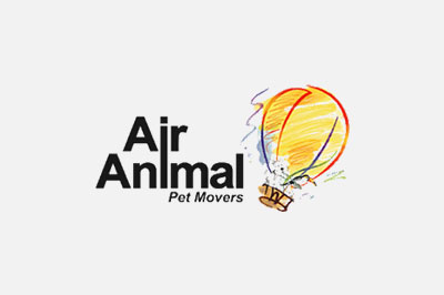 Logo of "air animal pet movers" featuring a stylized hot air balloon with animal silhouettes inside the basket, suggesting the movement of pets by a veterinarian. The balloon is predominantly orange and yellow.