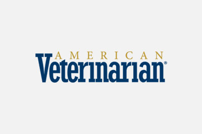 Logo of "american veterinarian" featuring bold blue text for "american" and "vet" with "veterinarian" emphasized in darker blue than the rest.