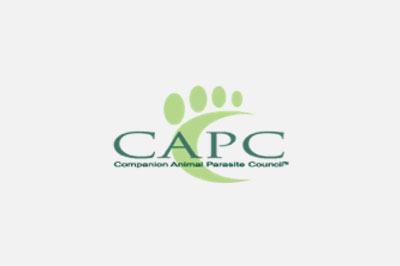 Logo of the companion animal parasite council (CAPC), featuring a green paw print above the acronym "CAPC" with the full name underneath in gray text, endorsed by veterinarians.