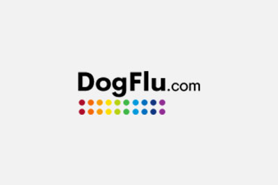 Logo of vet.dogflu.com featuring the name in black lettering and a row of colorful dots beneath it, spreading across in a spectrum of rainbow colors.