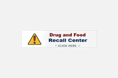 Web banner for a "drug and food recall center" with a warning triangle icon and a clickable "click here" button on a gray background, specifically designed for veterinarians.