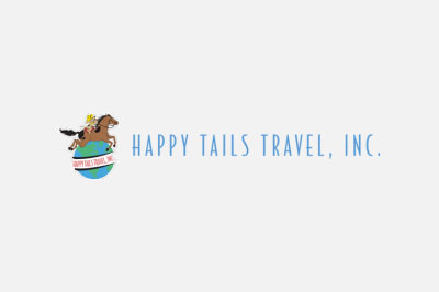 Logo of Happy Tails Travel, Inc., featuring a stylized image of a dog riding a horse on a globe, designed by the company's veterinarian, with the company's name in blue text.