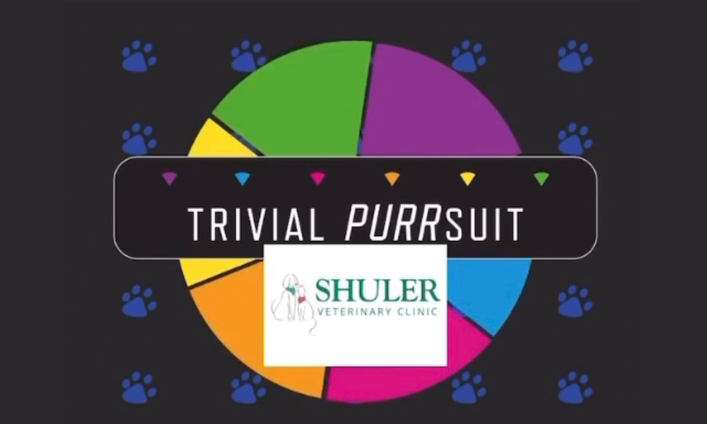 Pie chart game board styled as "trivial purr-suit" with colorful sections and paw print decorations, sponsored by Shuler Veterinary Clinic.