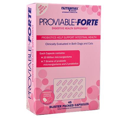 A box of nutramax proviable-forte, a digestive health supplement for dogs and cats. Recommended by veterinarians, the pink box highlights that it contains probiotics, 45 capsules, with details on dosages and strains.