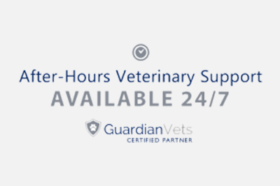 Advertisement showing "after-hours veterinarian support available 24/7" with the logo of guardian vets, identified as a certified partner.