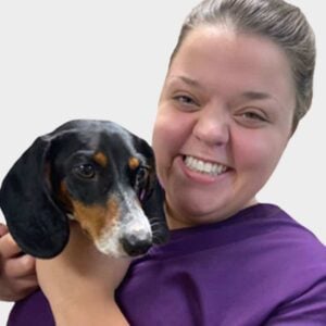 A smiling woman in a purple shirt holding a tricolor dachshund, both posing against a white background at the veterinarian's office.