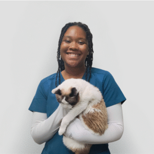 A veterinarian wearing a blue scrub top and smiling gently holding a cat against a plain white background.
