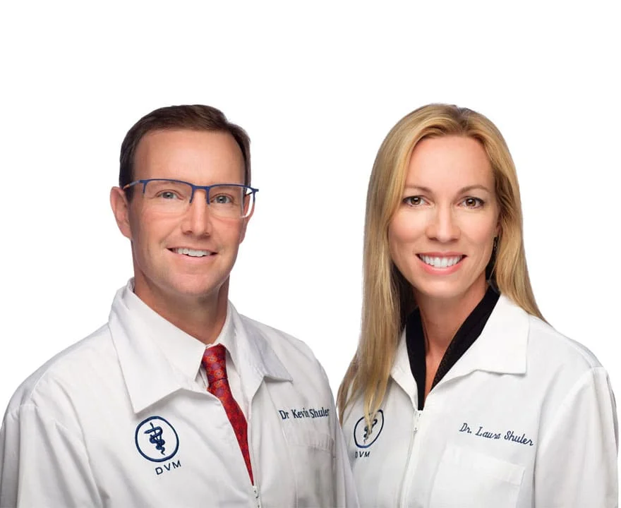 Two veterinarians, a man and a woman, wearing white lab coats with their names and credentials embroidered, standing against a plain background.